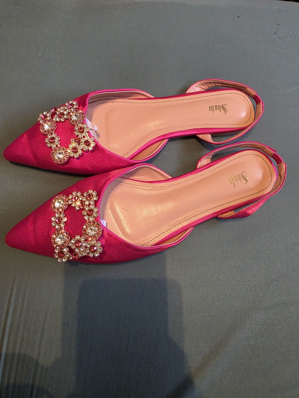 SHEIN Hot Pink Satin Pointed Toe Slingback Flats with Crystal Buckle